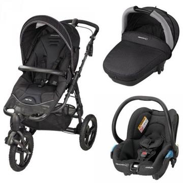 Bebe Confort High Trek stroller, car seat, Windoo carry cot, sun cover and rain cover