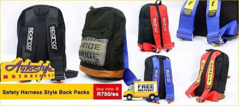 Safety harness racing motorsport back packs bags available. assorted colors. even motorbike bag turt