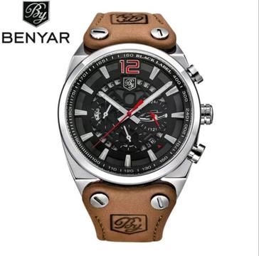 Benyar 46mm Mens Quartz Chronograph Sports Watch With Leather Band