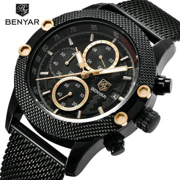 Benyar 45mm Mens Quartz Chronograph Sports Watch With Steel Mesh Bracelet