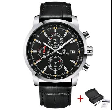 Benyar Mens 43mm Quartz Chronograph Sports Watch With Leather Strap