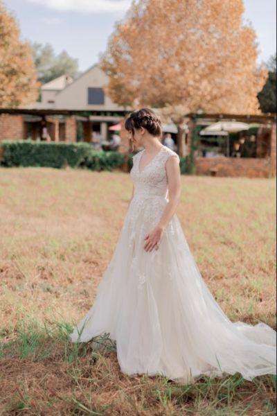 Oleg Cassini A-line lace Capsleeve Wedding Dress