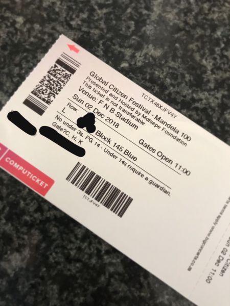 2 x Seated Global Citizen Tickets - BIGGEST CONCERT IN SA