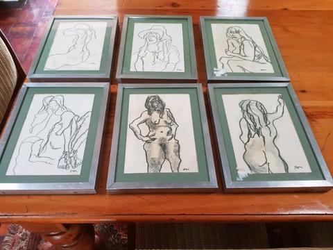Six pencil etchings in cased steel frames