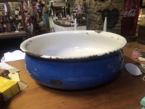 Antique enamel bright BLUE bowl super bulbous form made in Poland original enamel