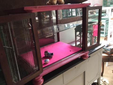 Antique show case pink themed but u can repaint, has a key GIN CABINET!