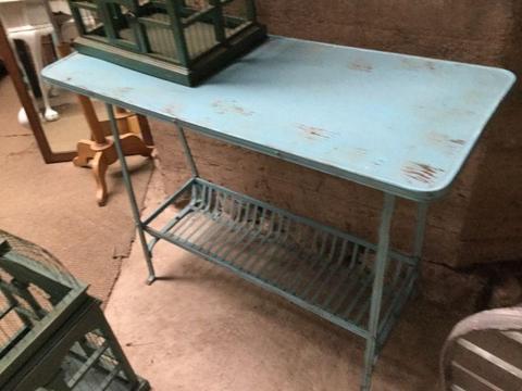 Imported BLUE metal table with rack, funky heyjudes item! Hey!
