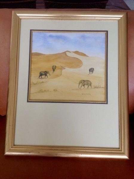 Painting of Elephants in the desert with beautiful gold frame R450.00