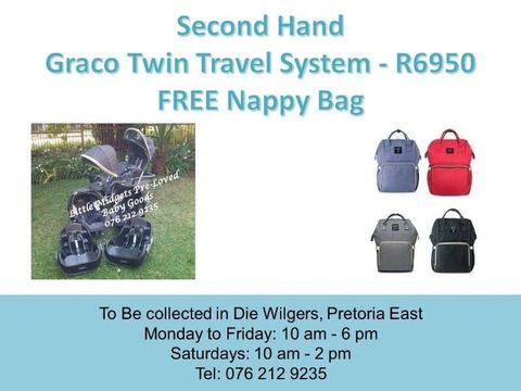 Second Hand Grey Graco Twin Travel System with FREE Nappy Bag