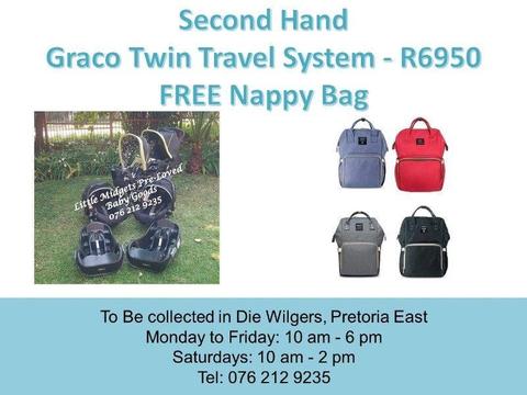 Second Hand Black Graco Twin Travel System with FREE Nappy Bag