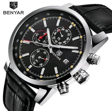 Benyar Mens 43mm Quartz Chronograph Sports Watch With Leather Strap