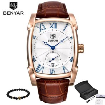 Benyar Mens 43,7mm Quartz Fashion Dress Watch With Genuine Leather Strap