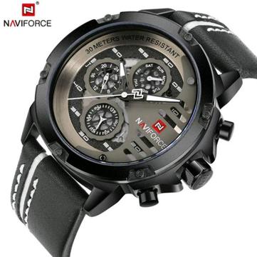 Naviforce 48mm Mens Multifunction Quartz Fashion Watch With Genuine Leather Strap