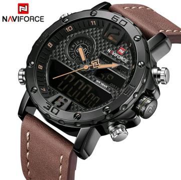 Naviforce 45mm Mens Multifunction Quartz Fashion Watch With Genuine Leather Strap