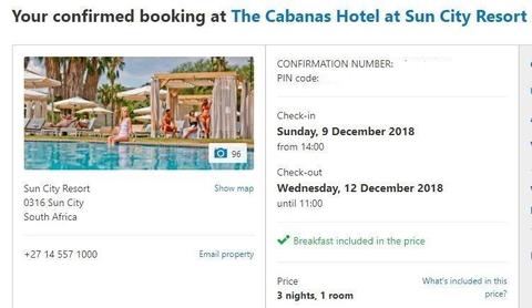 3 Nights at the Sun-City Cabana (9 Dec 2018 - 12 Dec 2018) for 2 Persons