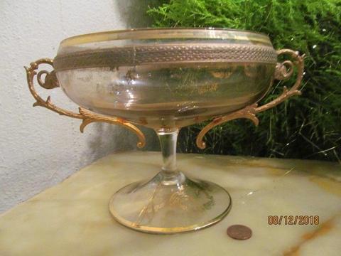 ORMOLU Vintage FLORENTINE SWEETS PEDESTAL BOWL- UNIQUE , APRICOT GLASS