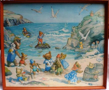 VINTAGE NURSERY PRINT - TEDDY BEAR DAY AT THE BEACH - LOVELY DETAIL, FRAMED - READY TO HANG!