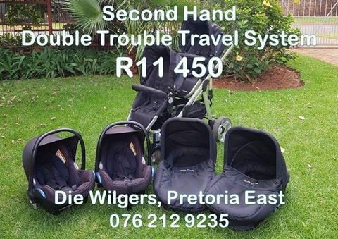 Second Hand Double Trouble Twin Travel System with Carry Cots