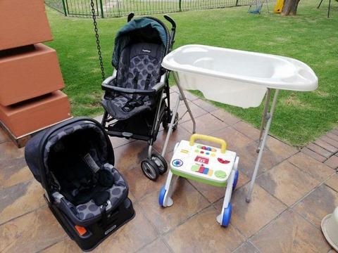 Peg Perego Pram + Car Seat + Baby Bath + Walker + Nappy Bin