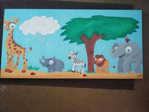 Oil painting canvas: animals & train