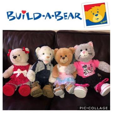 4x Secondhand Build-A-Bear teddies with 20 outfits
