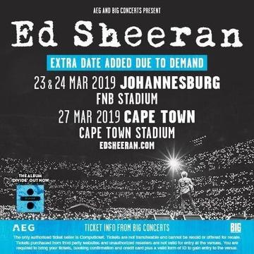 4x Ed Sheeran Tickets (Johannesburg - 24 March 2019)