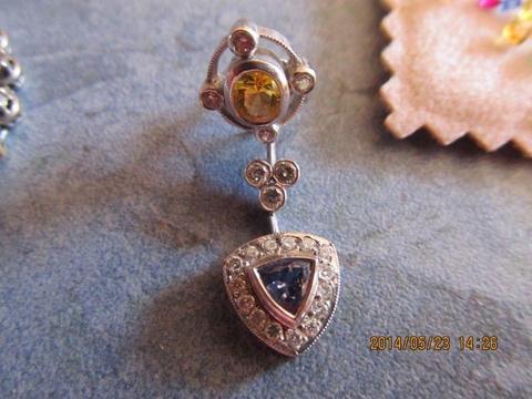Brilliant cut white diamond, tanzanite and yellow diamond drop earrings