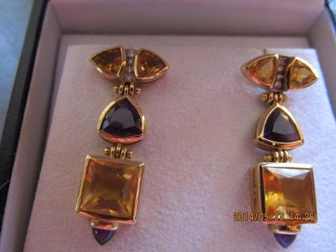 Diamond, citrine and amethyst brilliant cut and cabochan earrings set in 18ct yellow gold