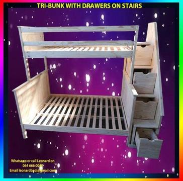 SINGLE CHRISTINE TRI-BUNK WITH STAIRCASE DRAWERS - SINGLE ON DOUBLE BUNK BED ------TRIBUNK BED