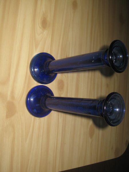 CANDLE HOLDERS BLUE PRESSED GLASS 12 INCHES TALL VIDRIOS DE LEVANTE