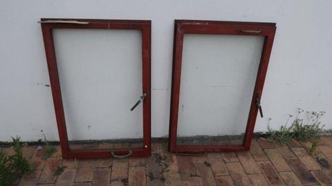 2 x Wood Frame Windows with Glass and Burglar Bars