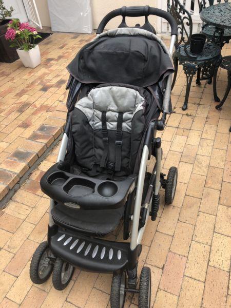 Pram, newborn car seat and accessories