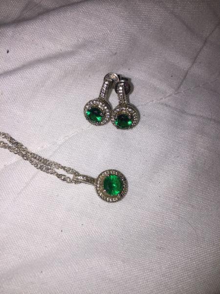 Silver and Emerald Necklace and Earring Set
