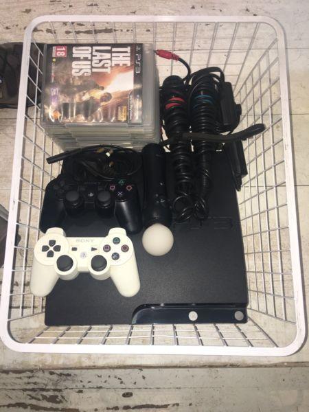 PlayStation 3 with 2 controllers, karaoke microphones, PS Move & games