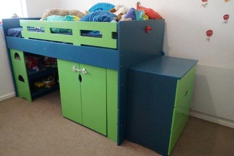 Kids bedroom set with bed, bookshelf, cupboard and chest of drawers