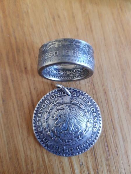 1966 Mexican coin ring and pendant set