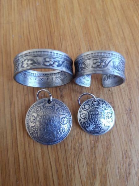 Rupee coin rings and pendants set