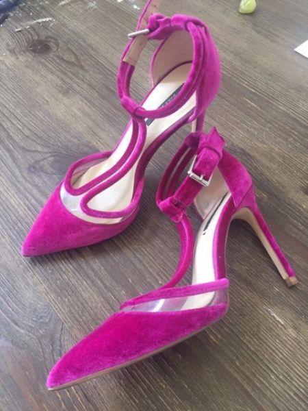 Zara T Bar Pink Suede Heels