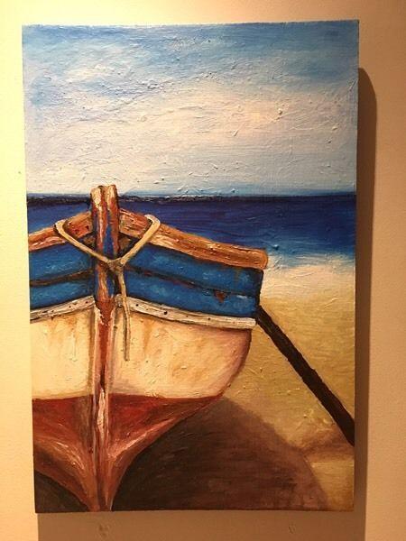 Seacape / ocean / beach art painting. Painting Kreef bakkie boat on beach | beach house