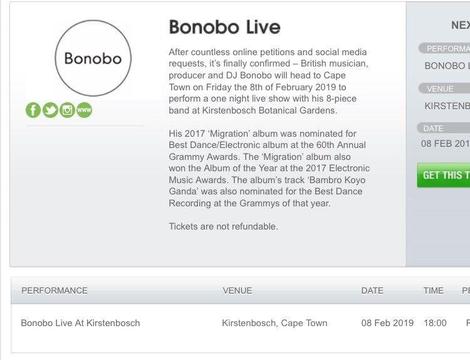 Two BONOBO TICKETS - live in Kirstenbosch