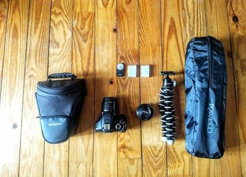 Canon 600D with 50mm lens, stand, tripod, batteries, x2 SD cards, remote control and case!