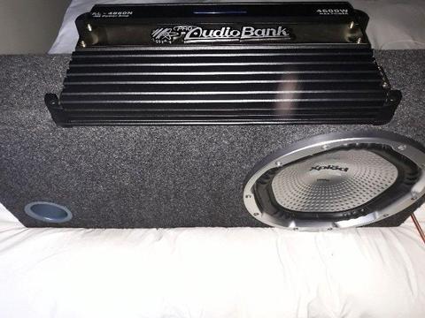 Audio Bank Pro 4600w Amp + 12" Sony Xplod 1000w sub woofer with hardwood box