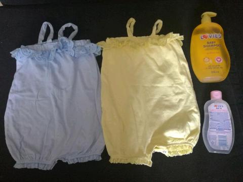 3-6 months woolies rompers + free toiletries