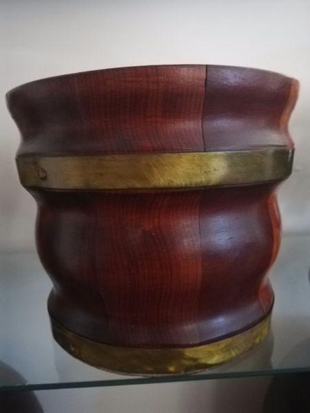 Barrel Potplant holder with brass strip's for sale. Width 30cm Solid Oak Wood. Only R399