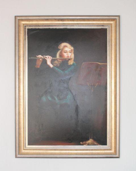 Large Vintage Painting of Woman Playing the Flute