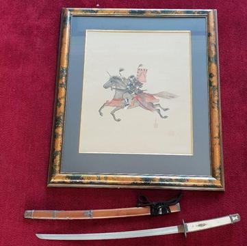 Samurai Silk Painting with Matching Samurai Sword from Japan