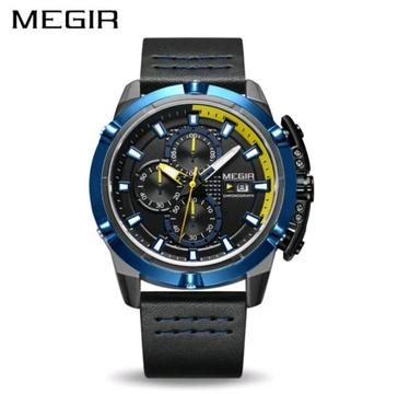Megir 47mm Mens Quartz Sports Fashion Watch With Genuine Leather Strap