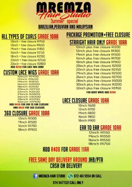 Brazilian and Peruvian hair Weaves/Closures and Wigs available