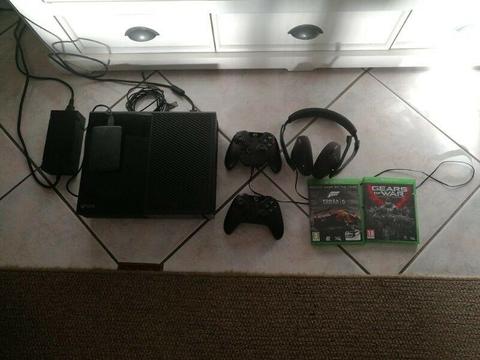 Xbox One with 2 remotes and headphones with mic