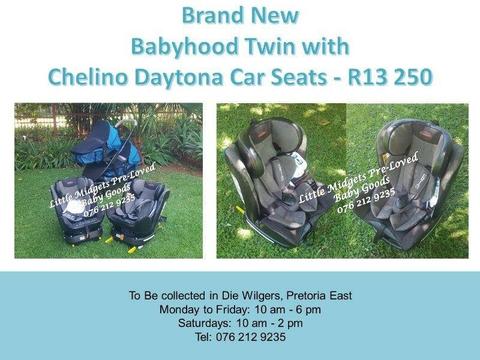 Brand New Babyhood Twin Stroller and Chelino Daytona Car Seats